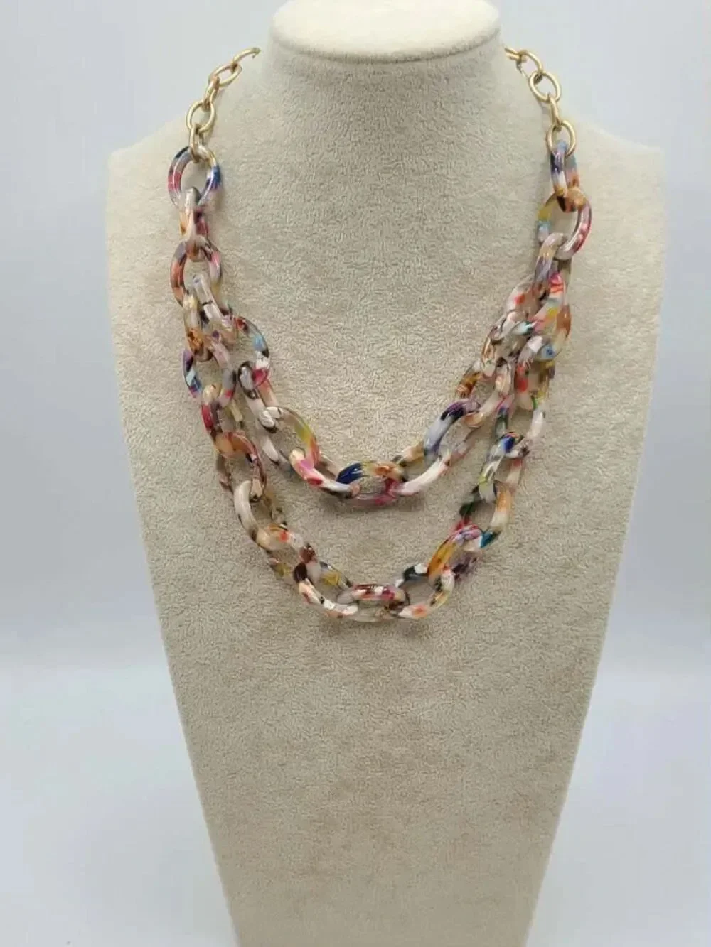 J Crew Multi Color Resin Double Strand Gold Tone Necklace